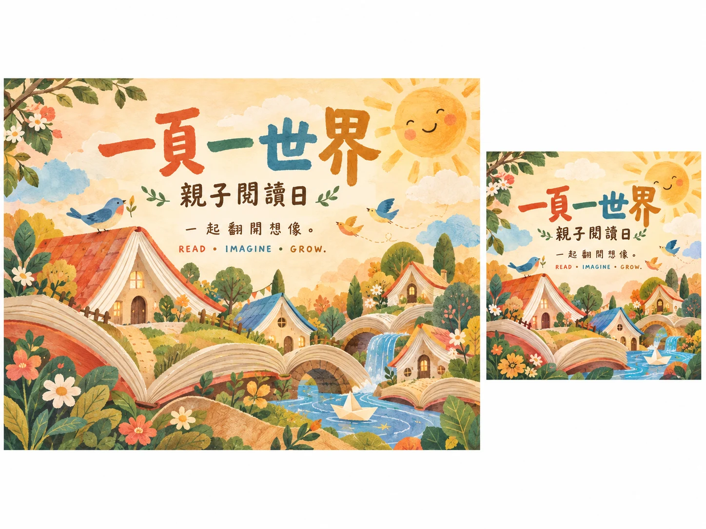 親子閱讀日暖色插畫海報，書本化成小屋，配合鳥兒雲朵及太陽